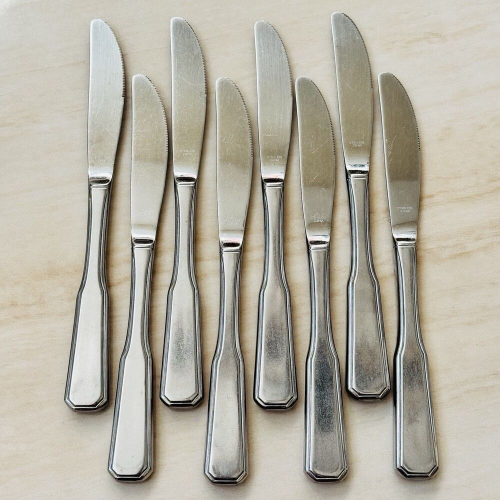 8pc Vintage Japanese 18/0 Stainless Dinner Knives 8 7/8”Outline Edge Flat Tip Up